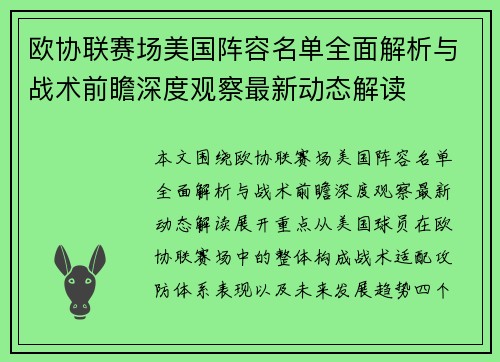 欧协联赛场美国阵容名单全面解析与战术前瞻深度观察最新动态解读